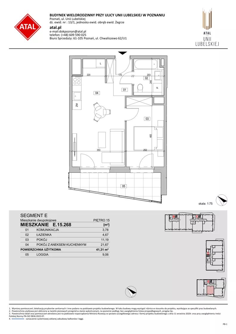 2 pokoje, mieszkanie 41,31 m², piętro 15, oferta nr E.15.268, ATAL Unii Lubelskiej, Poznań, Rataje, Starołęka, ul. Heleny Tadeuszak