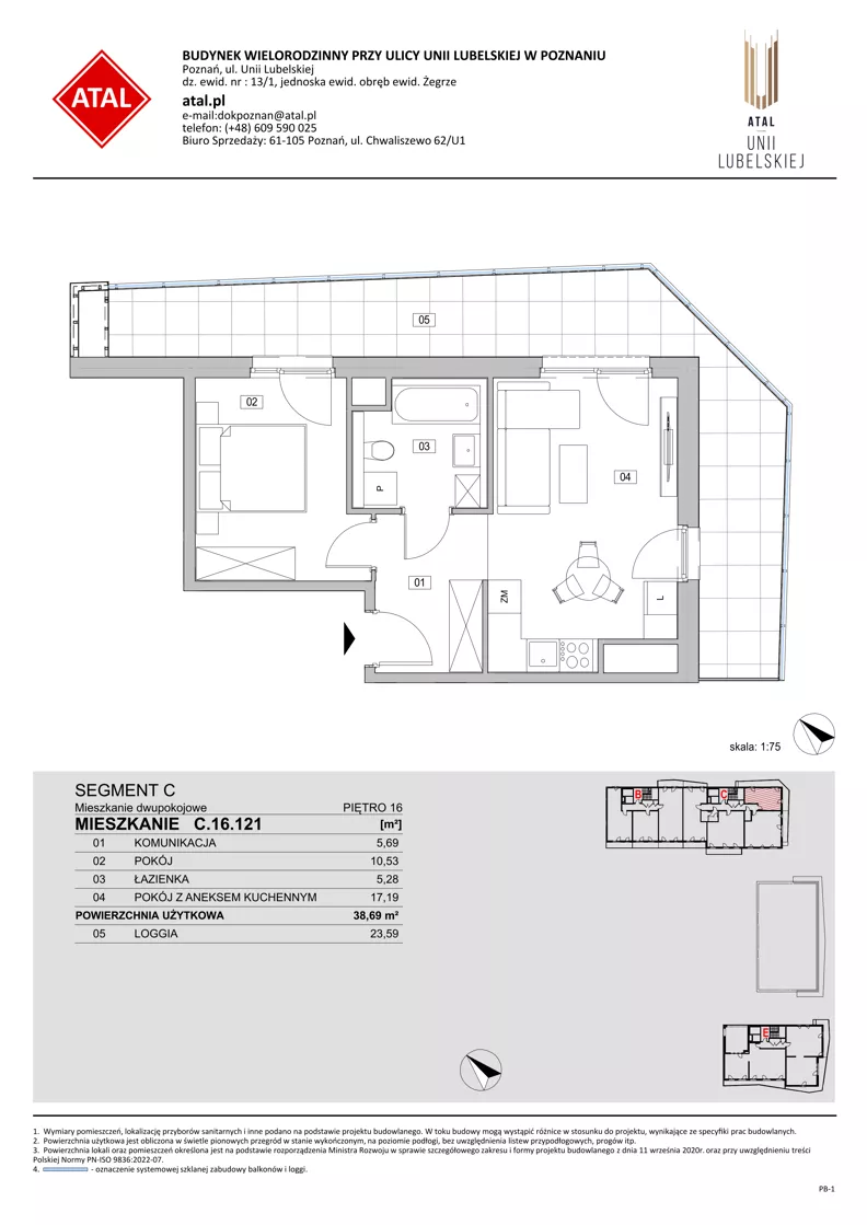 2 pokoje, mieszkanie 38,69 m², piętro 16, oferta nr C.16.121, ATAL Unii Lubelskiej, Poznań, Rataje, Starołęka, ul. Heleny Tadeuszak