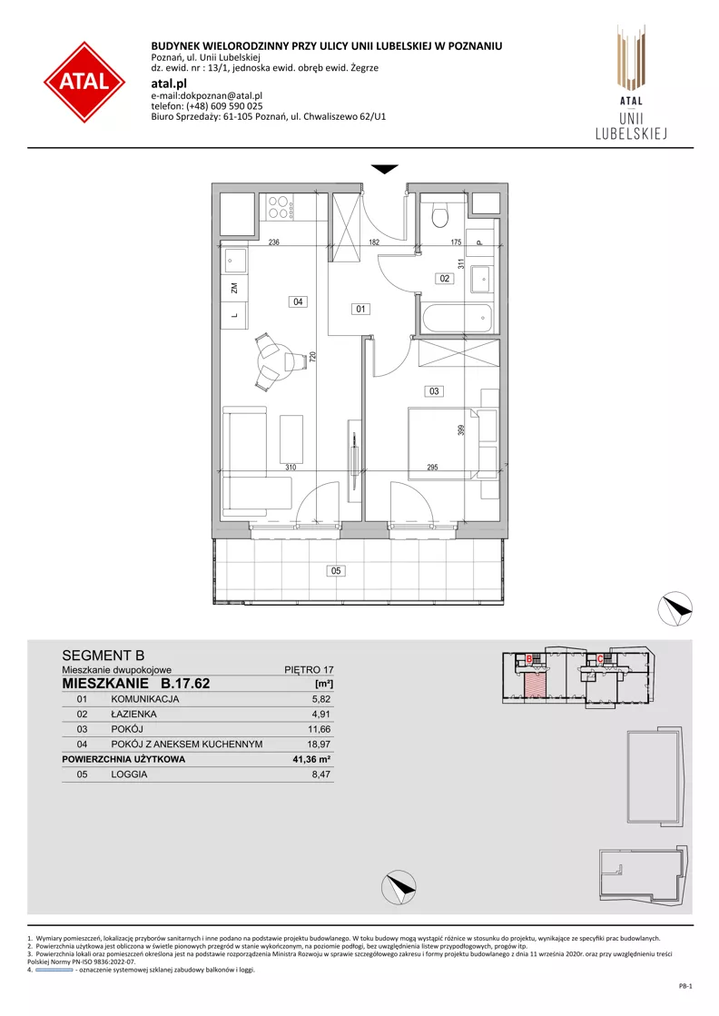 2 pokoje, mieszkanie 41,36 m², piętro 17, oferta nr B.17.62, ATAL Unii Lubelskiej, Poznań, Rataje, Starołęka, ul. Heleny Tadeuszak