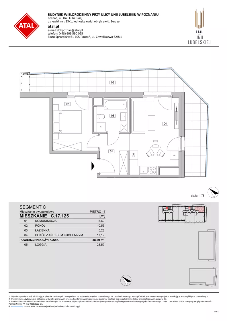 2 pokoje, mieszkanie 38,69 m², piętro 17, oferta nr C.17.125, ATAL Unii Lubelskiej, Poznań, Rataje, Starołęka, ul. Heleny Tadeuszak