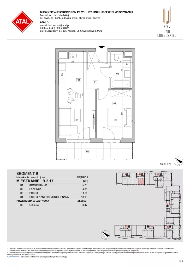 2 pokoje, mieszkanie 41,20 m², piętro 2, oferta nr B.2.17, ATAL Unii Lubelskiej, Poznań, Rataje, Starołęka, ul. Heleny Tadeuszak