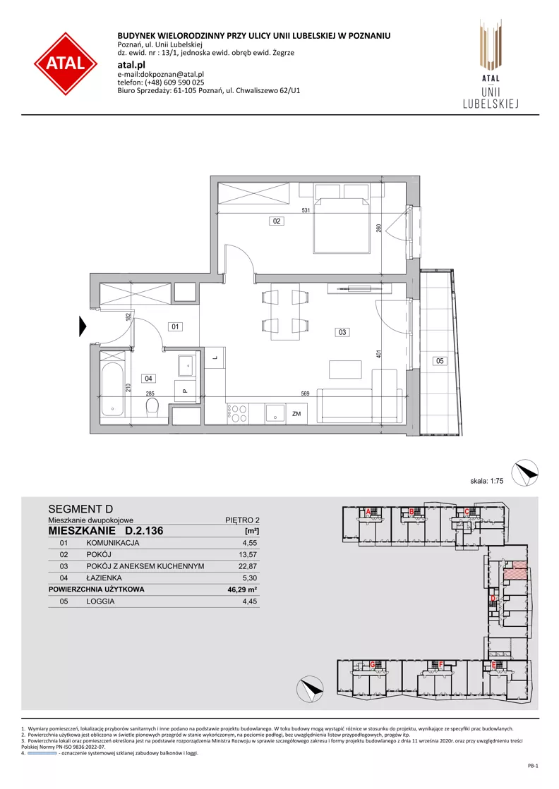 2 pokoje, mieszkanie 46,29 m², piętro 2, oferta nr D.2.136, ATAL Unii Lubelskiej, Poznań, Rataje, Starołęka, ul. Heleny Tadeuszak