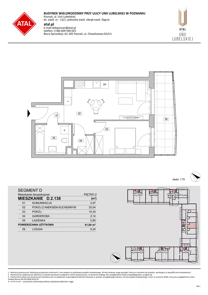 2 pokoje, mieszkanie 41,84 m², piętro 2, oferta nr D.2.138, ATAL Unii Lubelskiej, Poznań, Rataje, Starołęka, ul. Heleny Tadeuszak