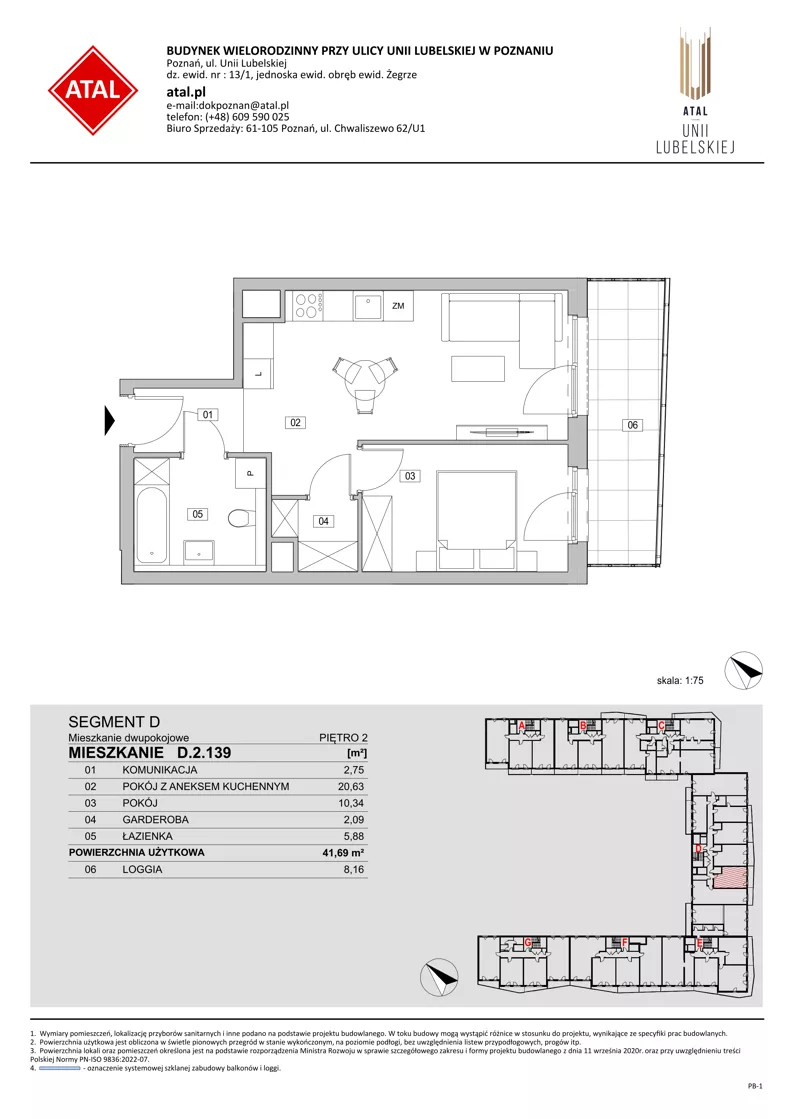 2 pokoje, mieszkanie 41,69 m², piętro 2, oferta nr D.2.139, ATAL Unii Lubelskiej, Poznań, Rataje, Starołęka, ul. Heleny Tadeuszak