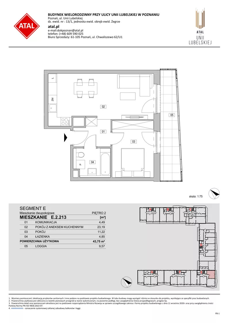 2 pokoje, mieszkanie 43,75 m², piętro 2, oferta nr E.2.213, ATAL Unii Lubelskiej, Poznań, Rataje, Starołęka, ul. Heleny Tadeuszak
