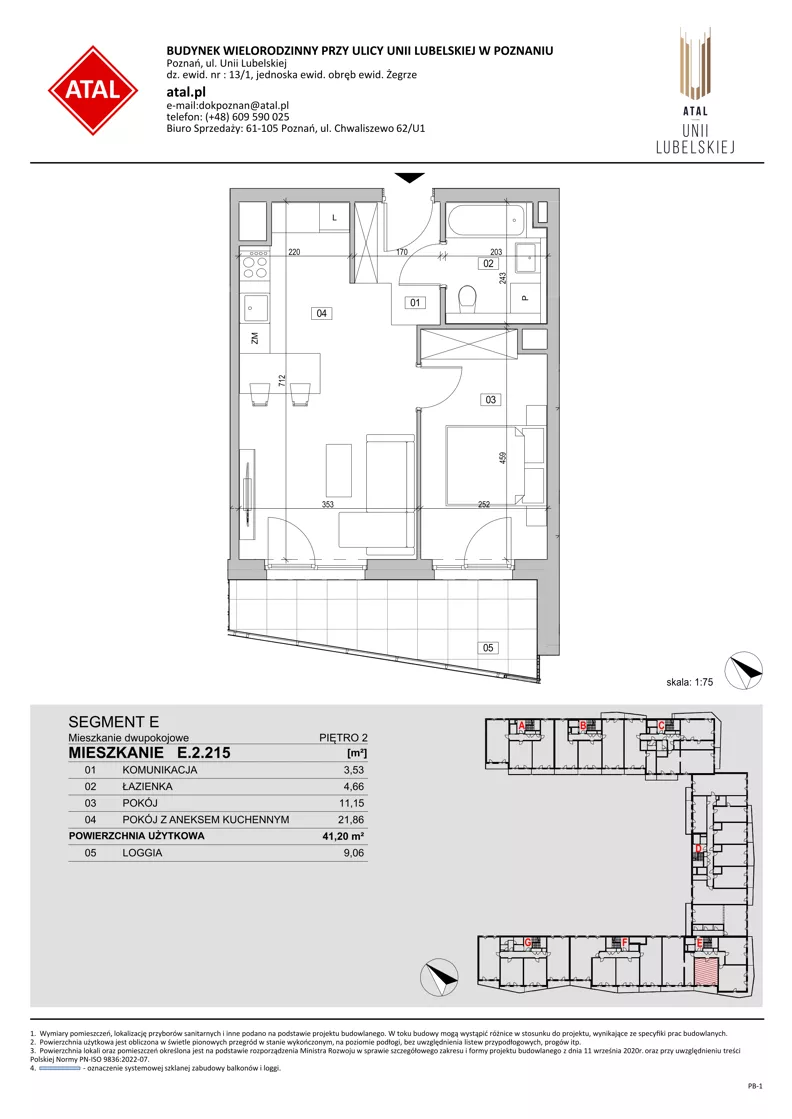 2 pokoje, mieszkanie 41,20 m², piętro 2, oferta nr E.2.215, ATAL Unii Lubelskiej, Poznań, Rataje, Starołęka, ul. Heleny Tadeuszak