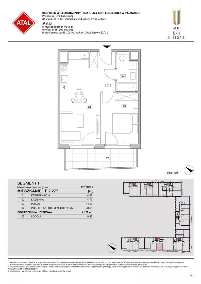 2 pokoje, mieszkanie 41,70 m², piętro 2, oferta nr F.2.277, ATAL Unii Lubelskiej, Poznań, Rataje, Starołęka, ul. Heleny Tadeuszak