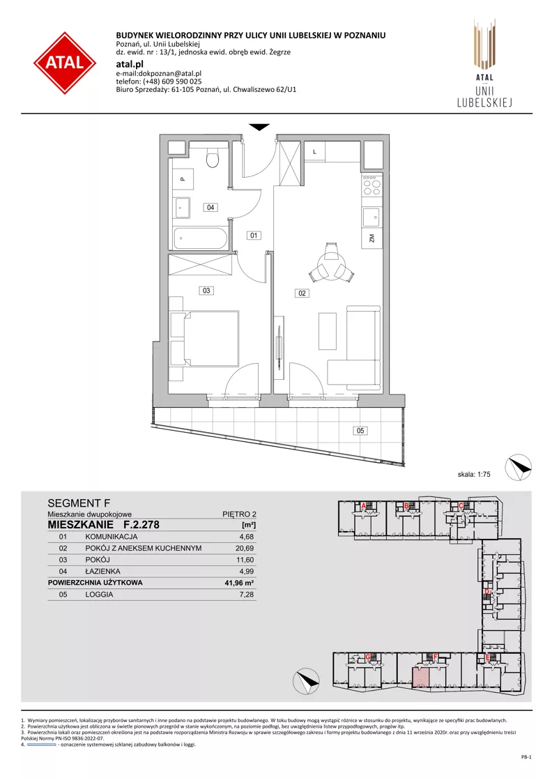 2 pokoje, mieszkanie 41,96 m², piętro 2, oferta nr F.2.278, ATAL Unii Lubelskiej, Poznań, Rataje, Starołęka, ul. Heleny Tadeuszak