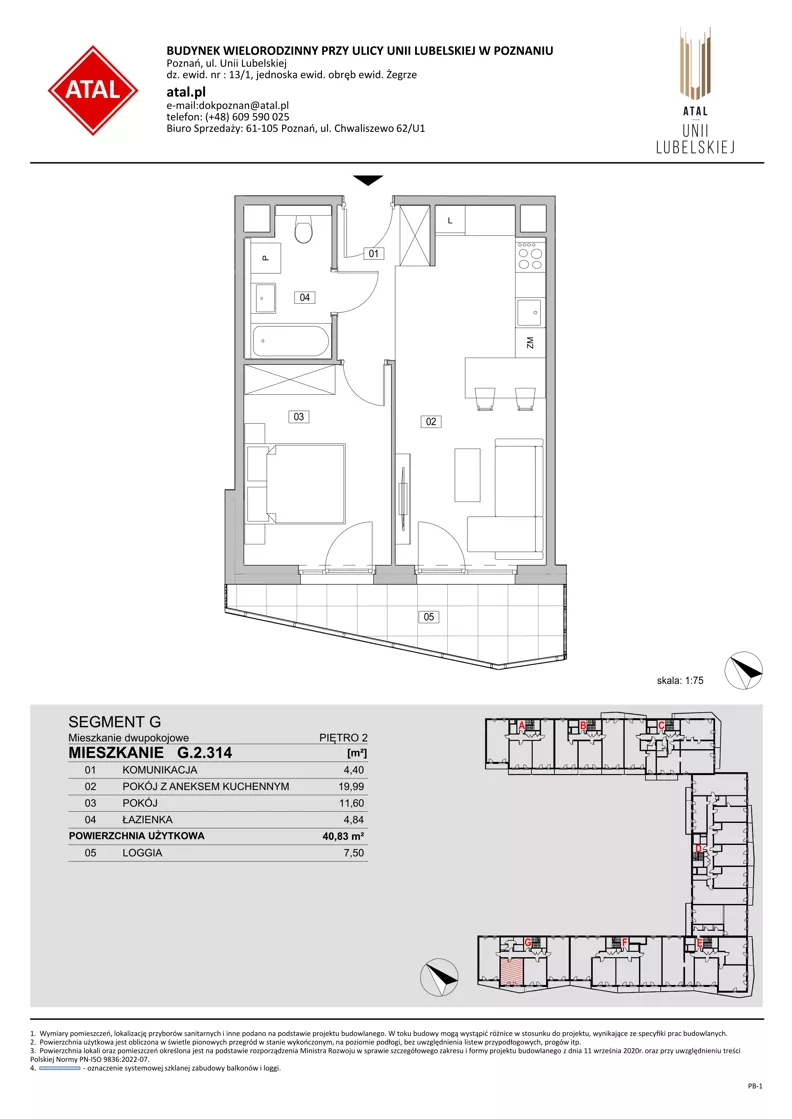 2 pokoje, mieszkanie 40,83 m², piętro 2, oferta nr G.2.314, ATAL Unii Lubelskiej, Poznań, Rataje, Starołęka, ul. Heleny Tadeuszak