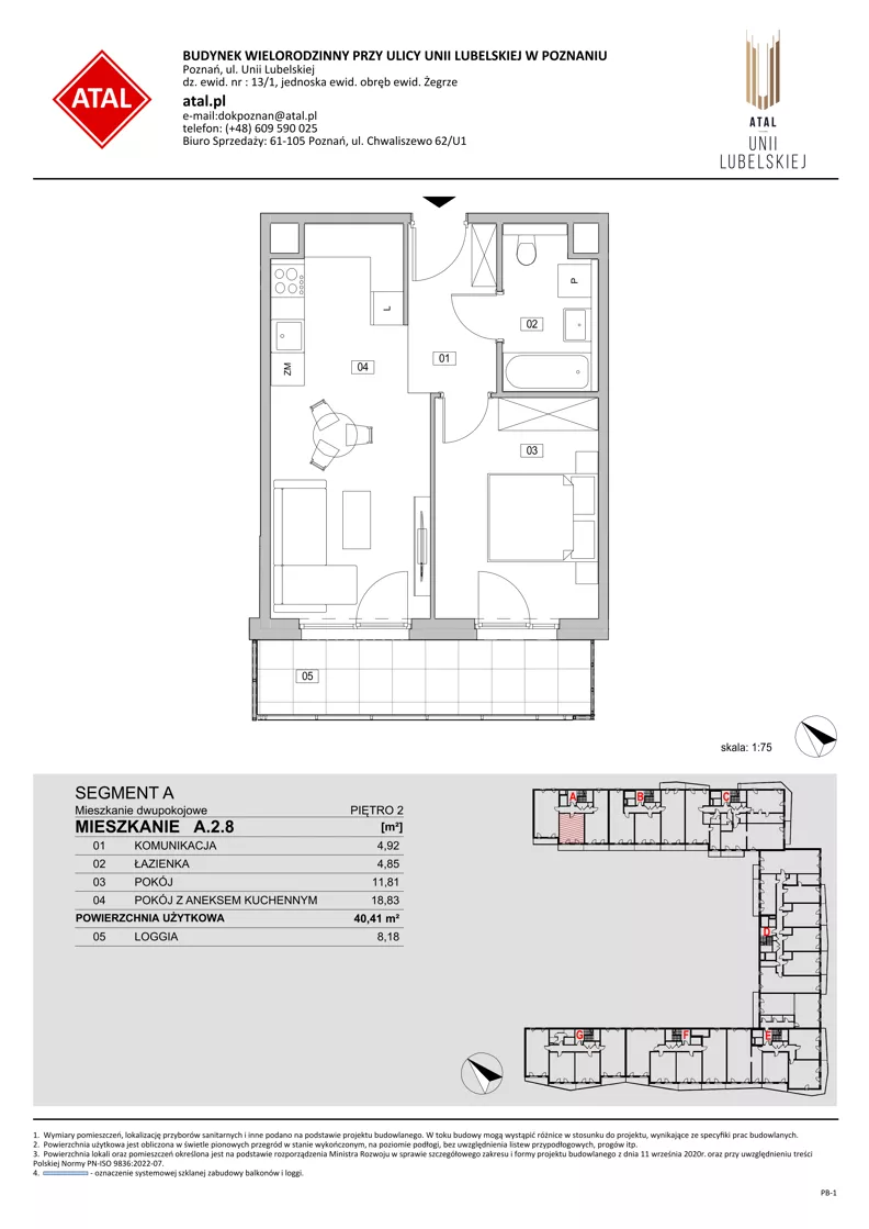 2 pokoje, mieszkanie 40,41 m², piętro 2, oferta nr A.2.8, ATAL Unii Lubelskiej, Poznań, Rataje, Starołęka, ul. Heleny Tadeuszak