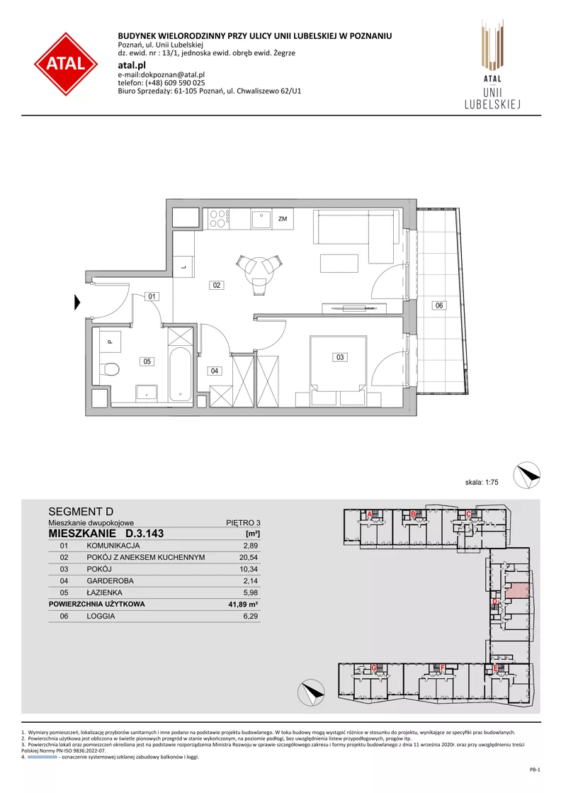 2 pokoje, mieszkanie 41,89 m², piętro 3, oferta nr D.3.143, ATAL Unii Lubelskiej, Poznań, Rataje, Starołęka, ul. Heleny Tadeuszak