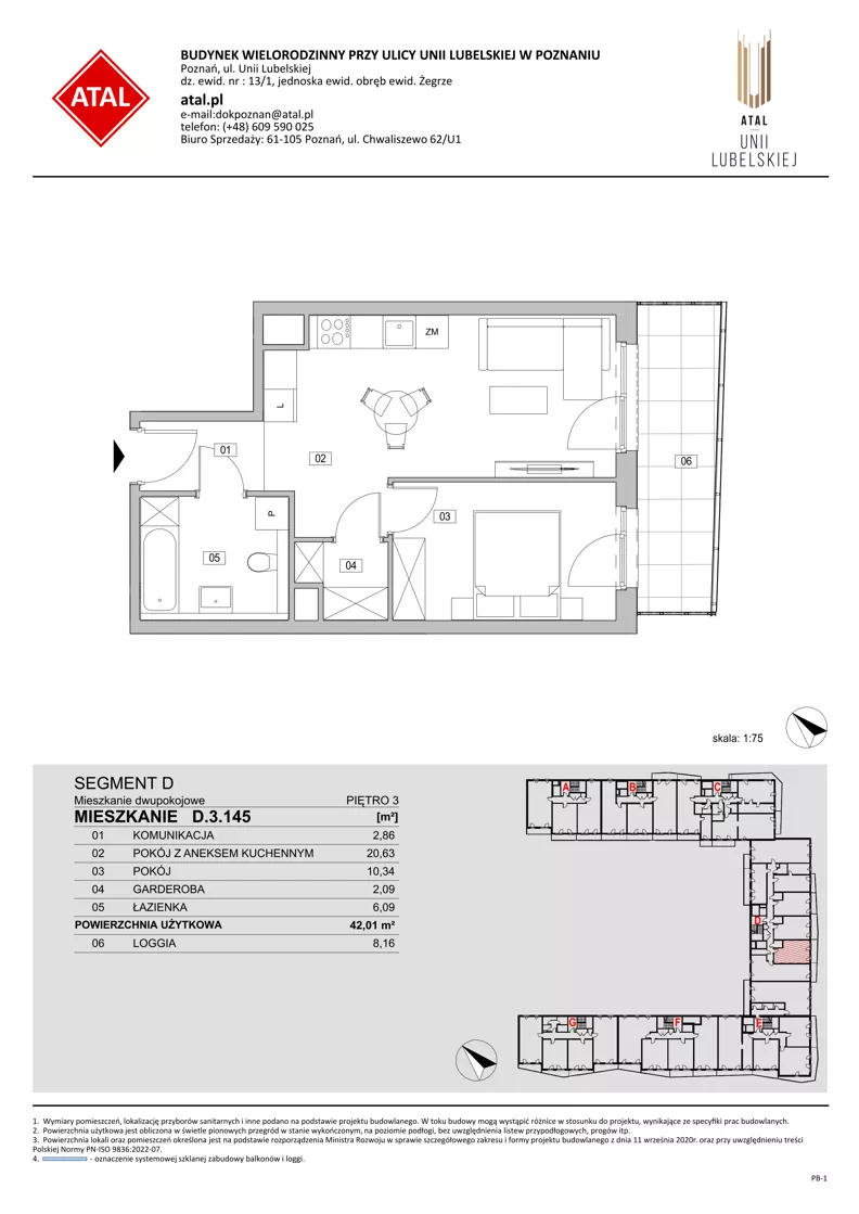 2 pokoje, mieszkanie 42,01 m², piętro 3, oferta nr D.3.145, ATAL Unii Lubelskiej, Poznań, Rataje, Starołęka, ul. Heleny Tadeuszak