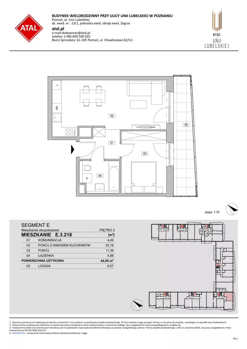 2 pokoje, mieszkanie 44,05 m², piętro 3, oferta nr E.3.218, ATAL Unii Lubelskiej, Poznań, Rataje, Starołęka, ul. Heleny Tadeuszak