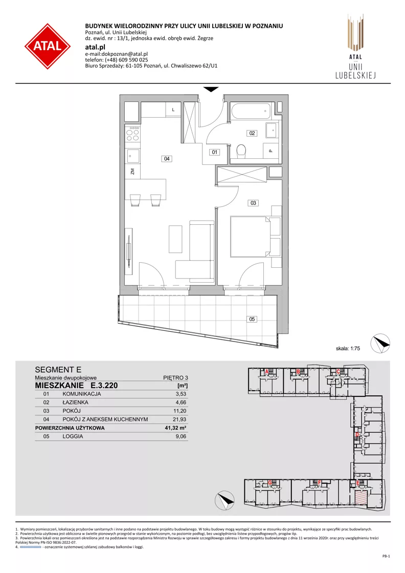 2 pokoje, mieszkanie 41,32 m², piętro 3, oferta nr E.3.220, ATAL Unii Lubelskiej, Poznań, Rataje, Starołęka, ul. Heleny Tadeuszak