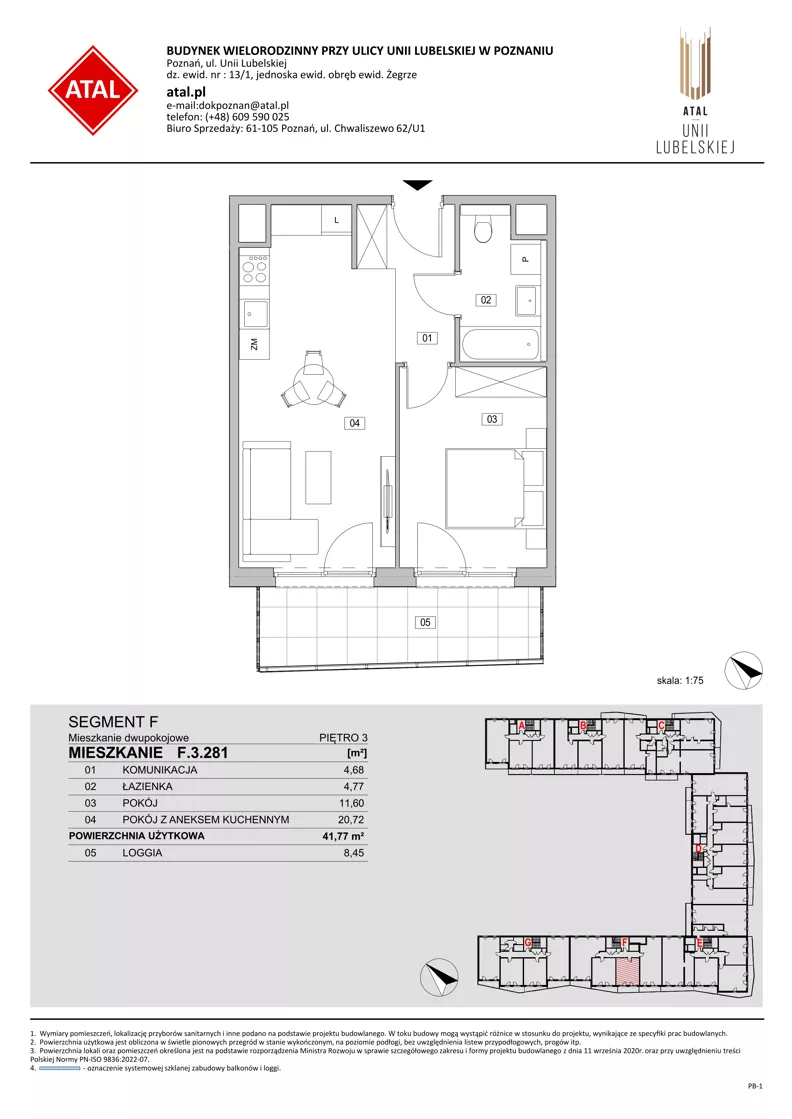 2 pokoje, mieszkanie 41,77 m², piętro 3, oferta nr F.3.281, ATAL Unii Lubelskiej, Poznań, Rataje, Starołęka, ul. Heleny Tadeuszak
