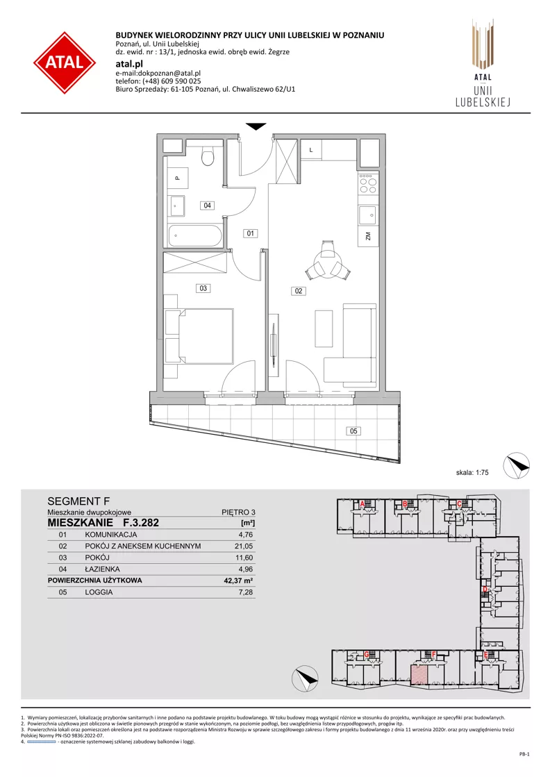 2 pokoje, mieszkanie 42,37 m², piętro 3, oferta nr F.3.282, ATAL Unii Lubelskiej, Poznań, Rataje, Starołęka, ul. Heleny Tadeuszak