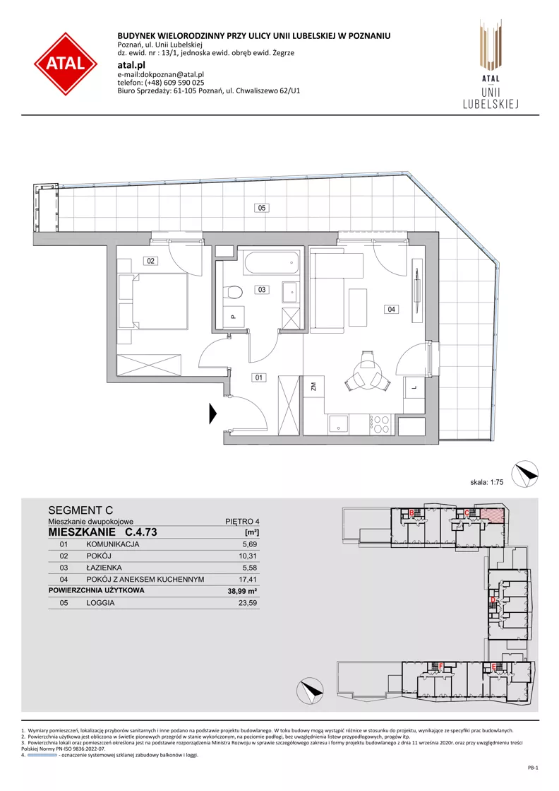 2 pokoje, mieszkanie 38,99 m², piętro 4, oferta nr C.4.73, ATAL Unii Lubelskiej, Poznań, Rataje, Starołęka, ul. Heleny Tadeuszak