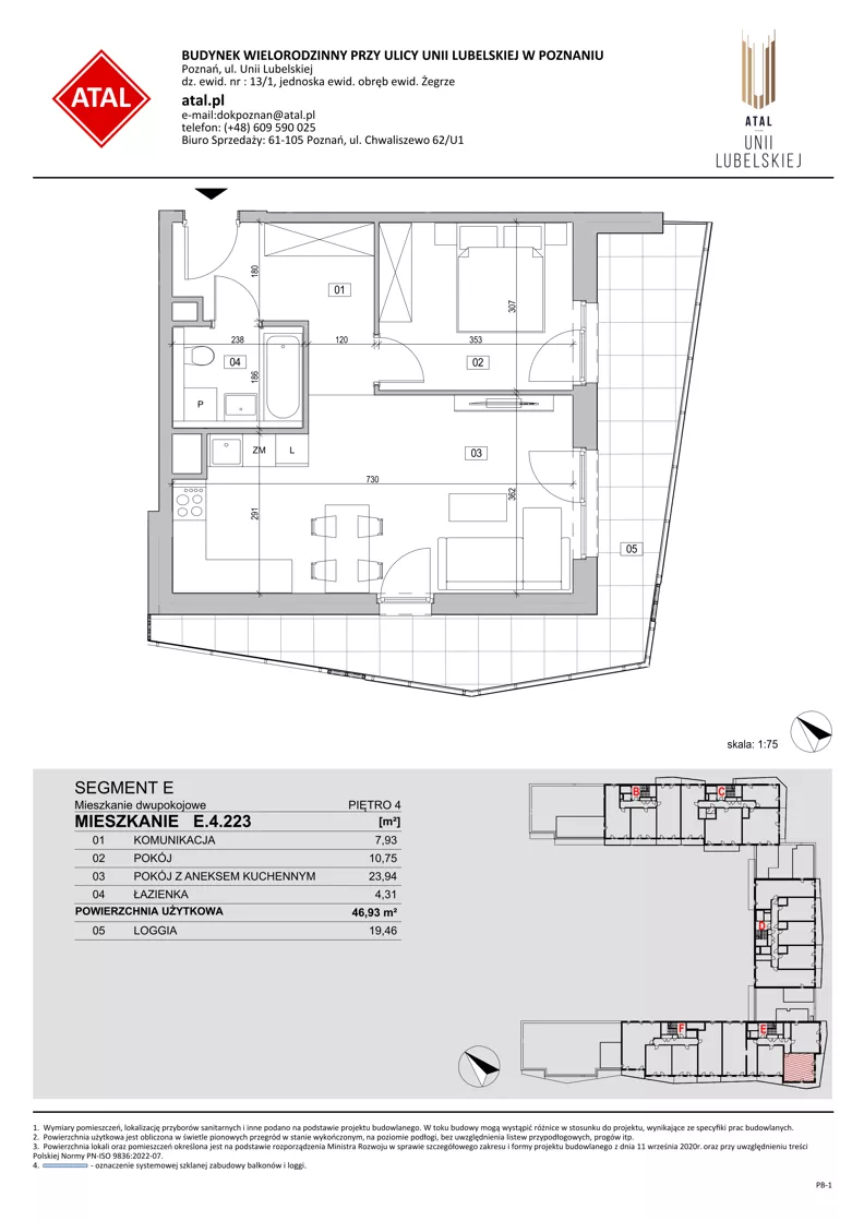 2 pokoje, mieszkanie 46,93 m², piętro 4, oferta nr E.4.223, ATAL Unii Lubelskiej, Poznań, Rataje, Starołęka, ul. Heleny Tadeuszak