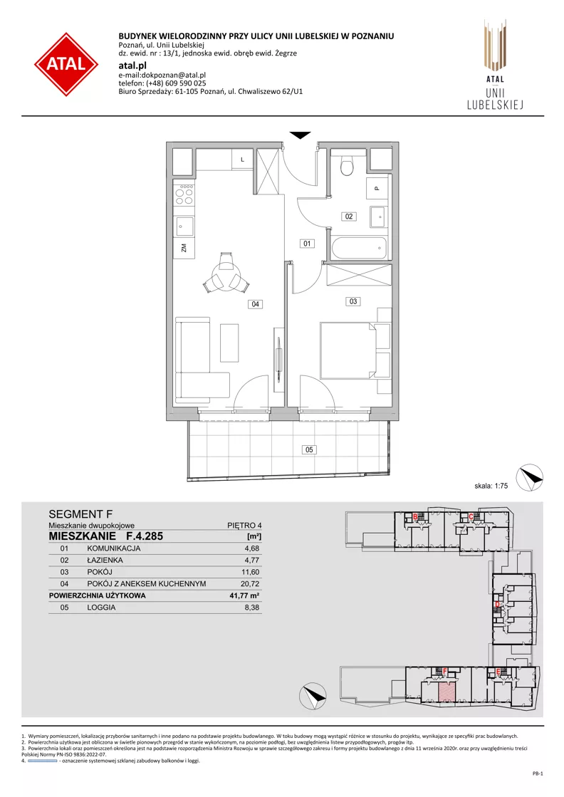 2 pokoje, mieszkanie 41,77 m², piętro 4, oferta nr F.4.285, ATAL Unii Lubelskiej, Poznań, Rataje, Starołęka, ul. Heleny Tadeuszak