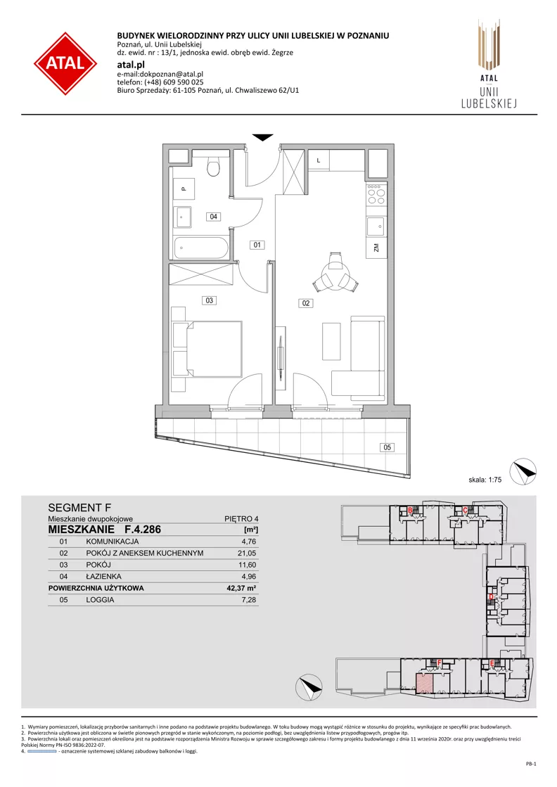 2 pokoje, mieszkanie 42,37 m², piętro 4, oferta nr F.4.286, ATAL Unii Lubelskiej, Poznań, Rataje, Starołęka, ul. Heleny Tadeuszak