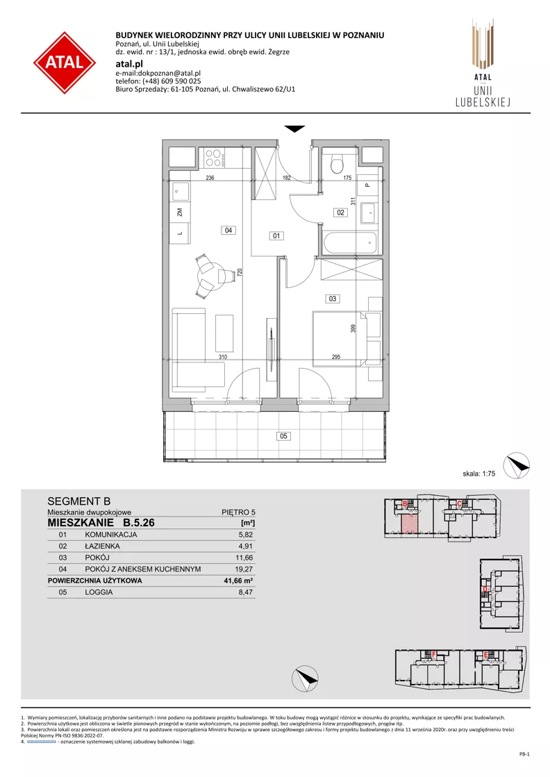 2 pokoje, mieszkanie 41,66 m², piętro 5, oferta nr B.5.26, ATAL Unii Lubelskiej, Poznań, Rataje, Starołęka, ul. Heleny Tadeuszak