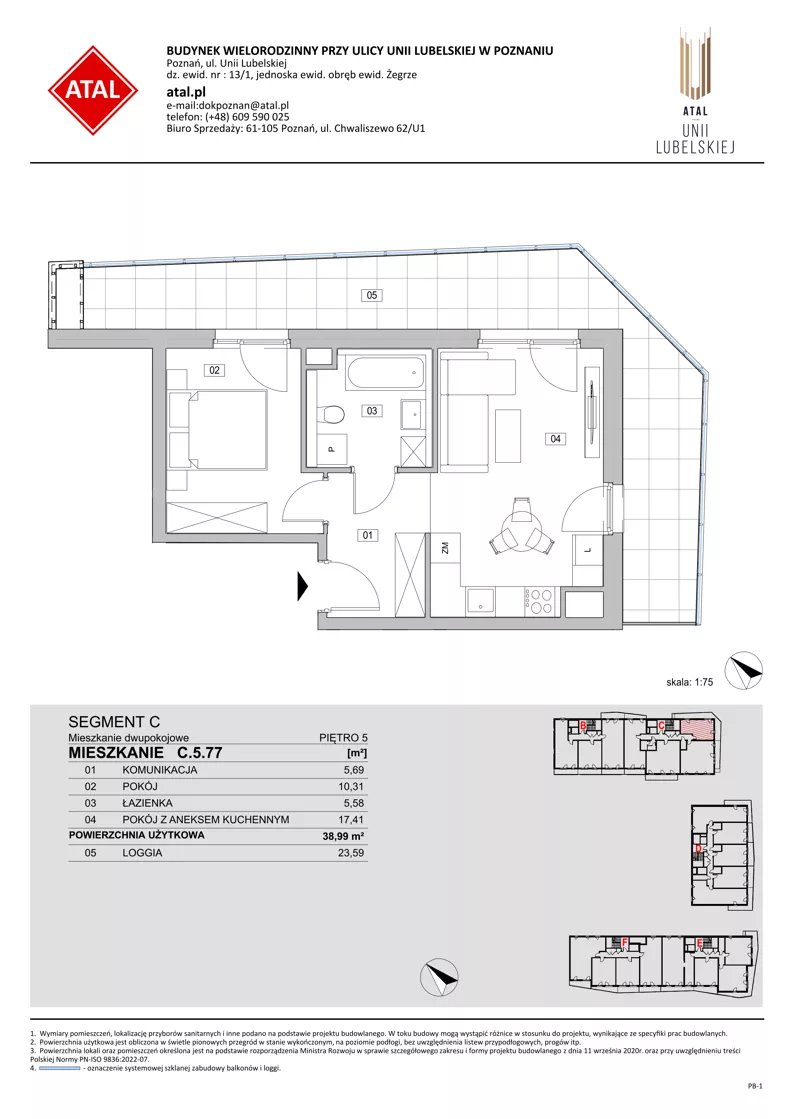 2 pokoje, mieszkanie 38,99 m², piętro 5, oferta nr C.5.77, ATAL Unii Lubelskiej, Poznań, Rataje, Starołęka, ul. Heleny Tadeuszak