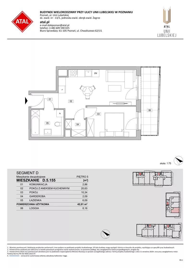 2 pokoje, mieszkanie 42,01 m², piętro 5, oferta nr D.5.155, ATAL Unii Lubelskiej, Poznań, Rataje, Starołęka, ul. Heleny Tadeuszak
