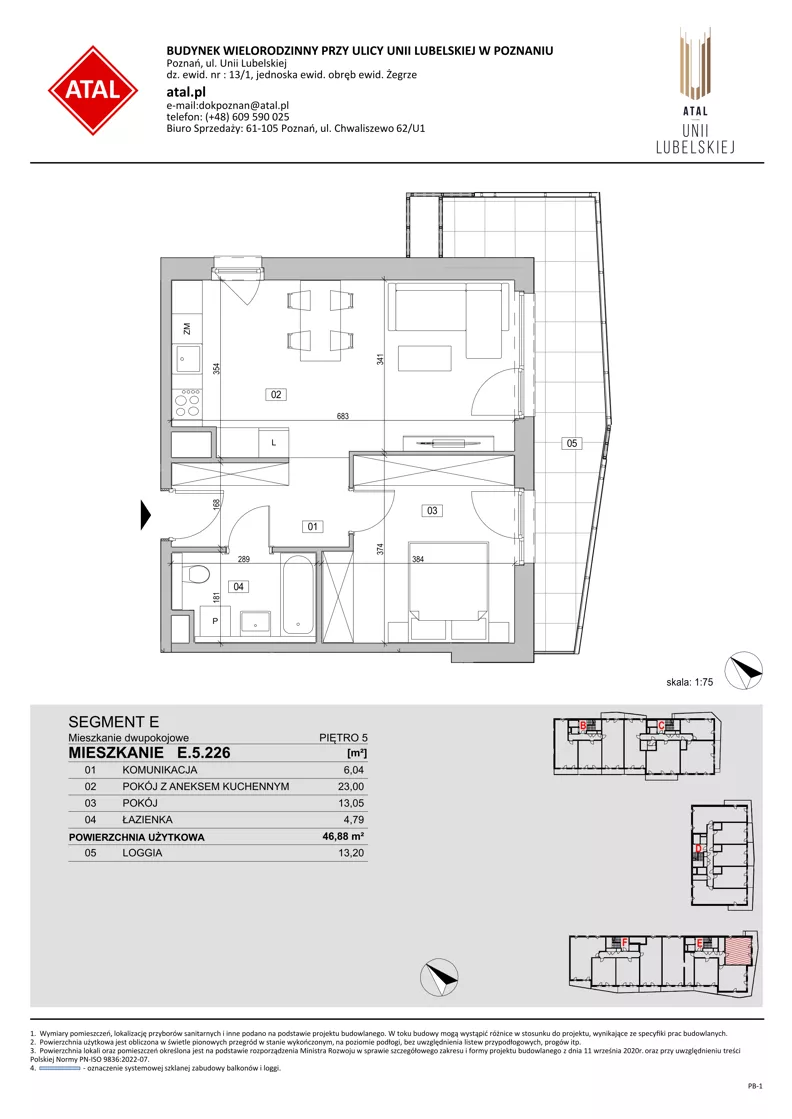 2 pokoje, mieszkanie 46,88 m², piętro 5, oferta nr E.5.226, ATAL Unii Lubelskiej, Poznań, Rataje, Starołęka, ul. Heleny Tadeuszak