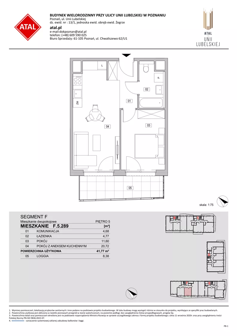 2 pokoje, mieszkanie 41,77 m², piętro 5, oferta nr F.5.289, ATAL Unii Lubelskiej, Poznań, Rataje, Starołęka, ul. Heleny Tadeuszak