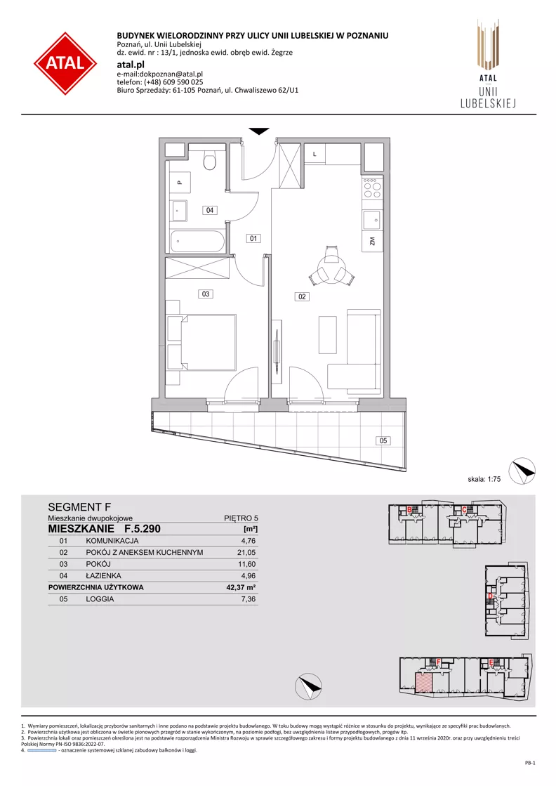 2 pokoje, mieszkanie 42,37 m², piętro 5, oferta nr F.5.290, ATAL Unii Lubelskiej, Poznań, Rataje, Starołęka, ul. Heleny Tadeuszak