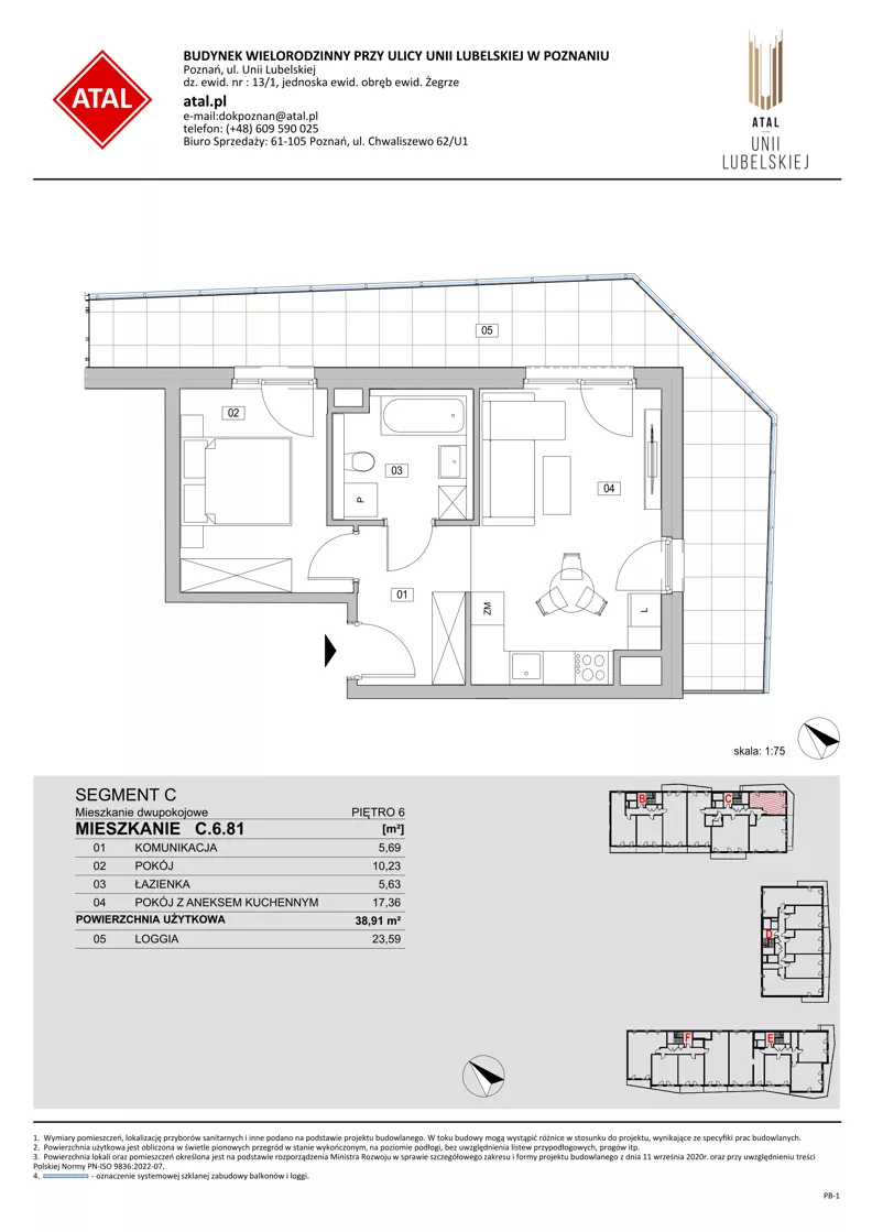 2 pokoje, mieszkanie 38,91 m², piętro 6, oferta nr C.6.81, ATAL Unii Lubelskiej, Poznań, Rataje, Starołęka, ul. Heleny Tadeuszak