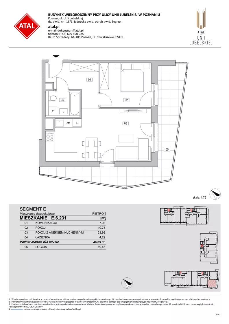 2 pokoje, mieszkanie 46,83 m², piętro 6, oferta nr E.6.231, ATAL Unii Lubelskiej, Poznań, Rataje, Starołęka, ul. Heleny Tadeuszak