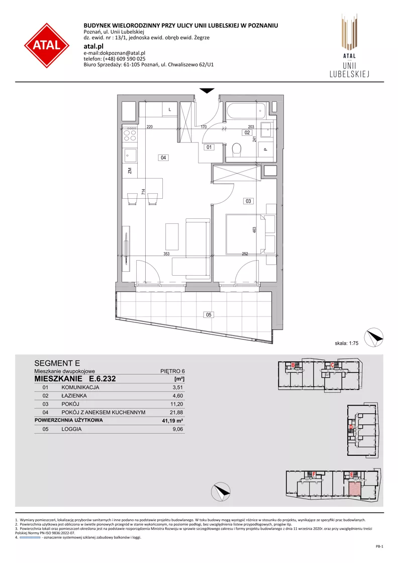 2 pokoje, mieszkanie 41,19 m², piętro 6, oferta nr E.6.232, ATAL Unii Lubelskiej, Poznań, Rataje, Starołęka, ul. Heleny Tadeuszak