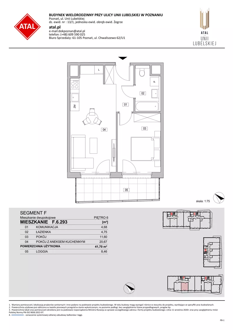 2 pokoje, mieszkanie 41,70 m², piętro 6, oferta nr F.6.293, ATAL Unii Lubelskiej, Poznań, Rataje, Starołęka, ul. Heleny Tadeuszak