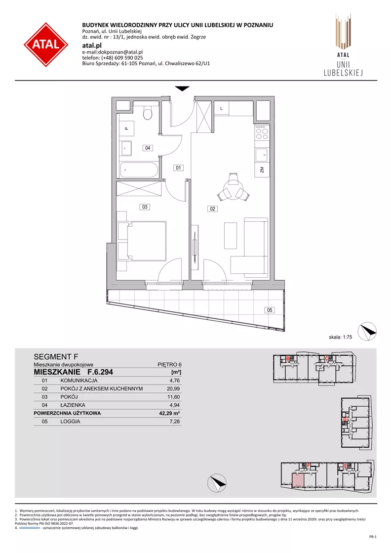 2 pokoje, mieszkanie 42,29 m², piętro 6, oferta nr F.6.294, ATAL Unii Lubelskiej, Poznań, Rataje, Starołęka, ul. Heleny Tadeuszak