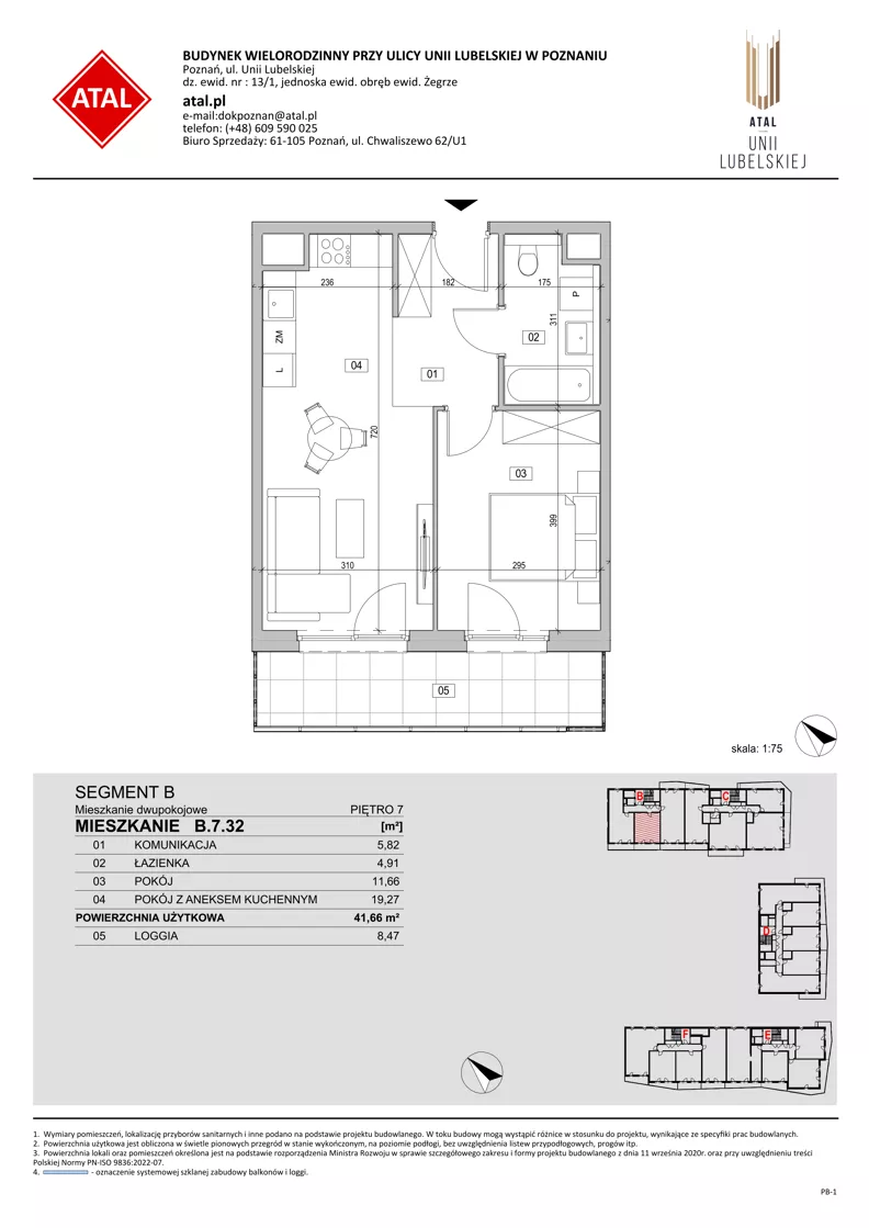 2 pokoje, mieszkanie 41,66 m², piętro 7, oferta nr B.7.32, ATAL Unii Lubelskiej, Poznań, Rataje, Starołęka, ul. Heleny Tadeuszak