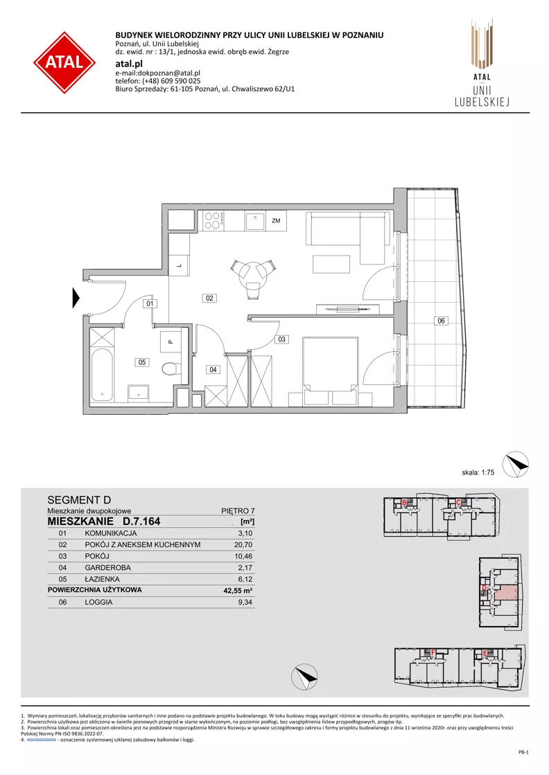 2 pokoje, mieszkanie 42,55 m², piętro 7, oferta nr D.7.164, ATAL Unii Lubelskiej, Poznań, Rataje, Starołęka, ul. Heleny Tadeuszak