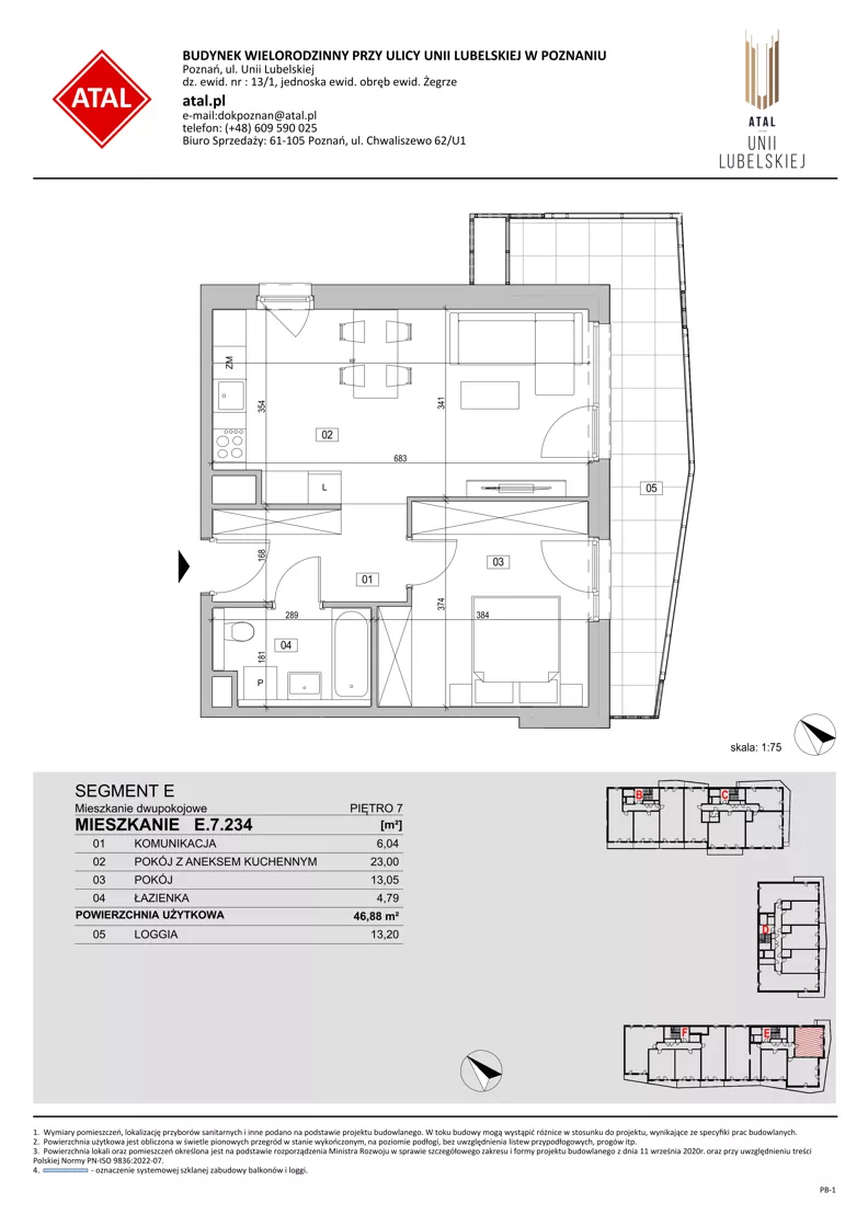 2 pokoje, mieszkanie 46,88 m², piętro 7, oferta nr E.7.234, ATAL Unii Lubelskiej, Poznań, Rataje, Starołęka, ul. Heleny Tadeuszak