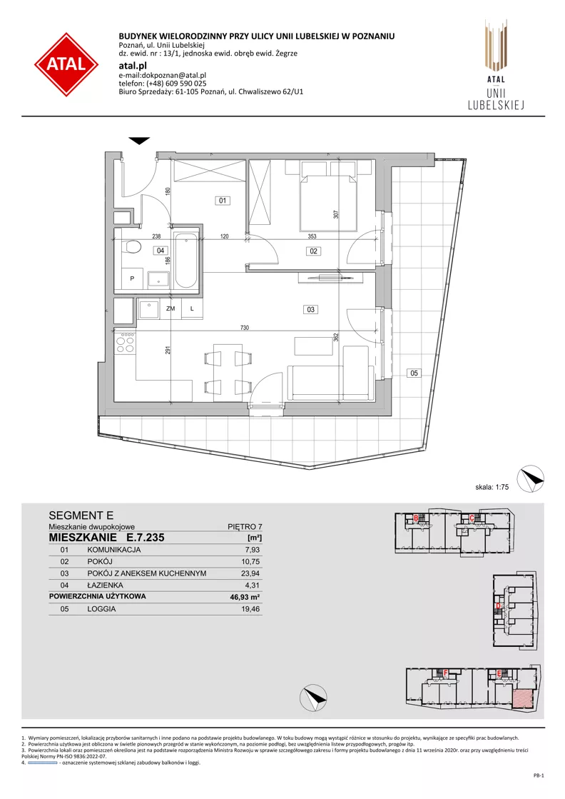 2 pokoje, mieszkanie 46,93 m², piętro 7, oferta nr E.7.235, ATAL Unii Lubelskiej, Poznań, Rataje, Starołęka, ul. Heleny Tadeuszak