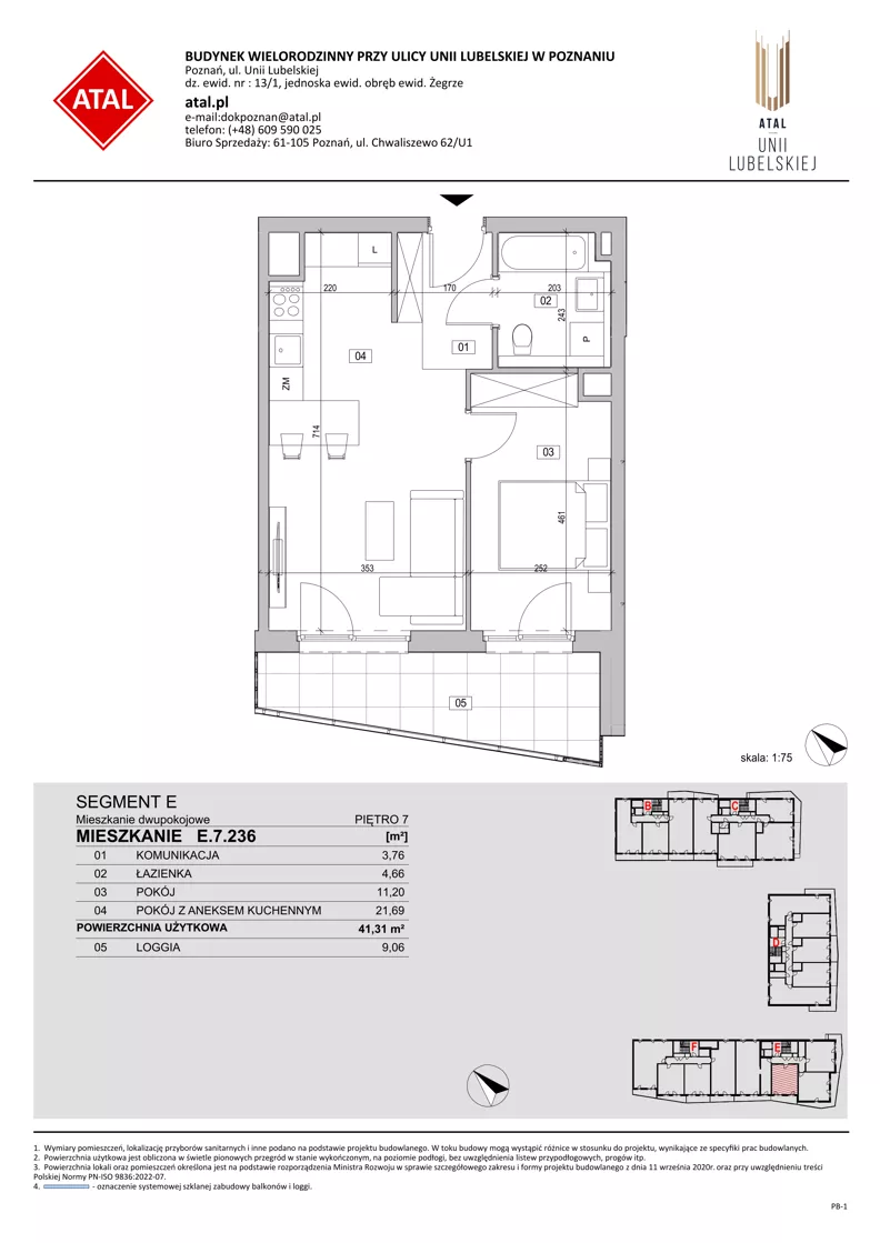 2 pokoje, mieszkanie 41,31 m², piętro 7, oferta nr E.7.236, ATAL Unii Lubelskiej, Poznań, Rataje, Starołęka, ul. Heleny Tadeuszak