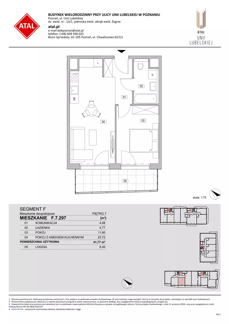 2 pokoje, mieszkanie 41,77 m², piętro 7, oferta nr F.7.297, ATAL Unii Lubelskiej, Poznań, Rataje, Starołęka, ul. Heleny Tadeuszak