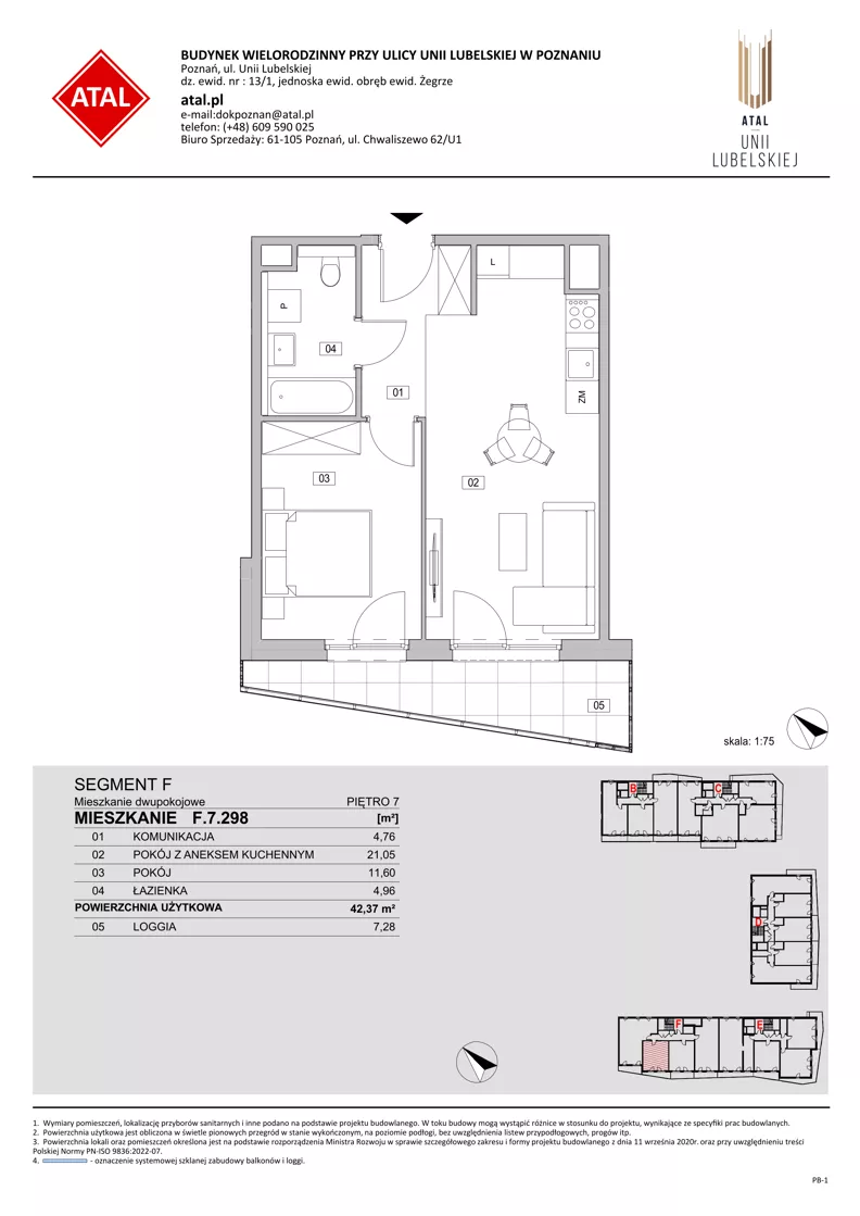 2 pokoje, mieszkanie 42,37 m², piętro 7, oferta nr F.7.298, ATAL Unii Lubelskiej, Poznań, Rataje, Starołęka, ul. Heleny Tadeuszak