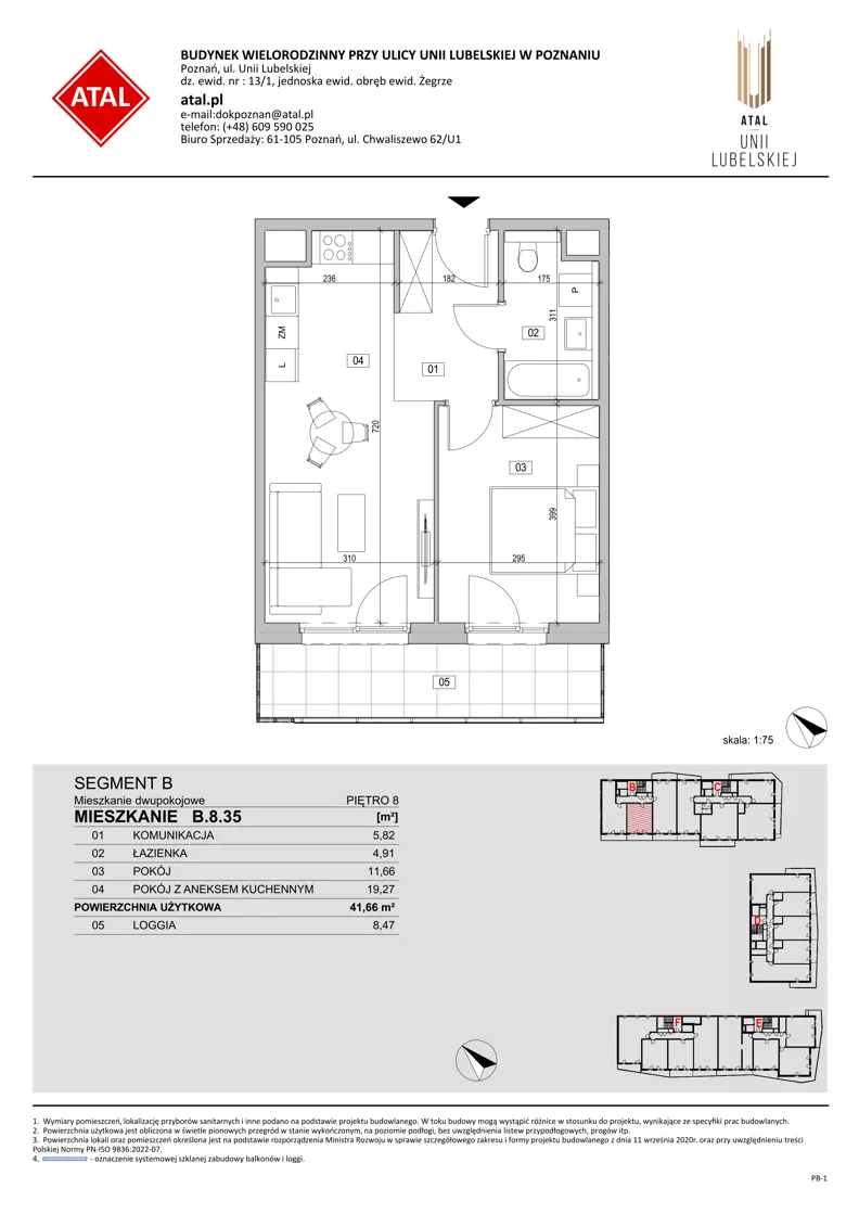 2 pokoje, mieszkanie 41,66 m², piętro 8, oferta nr B.8.35, ATAL Unii Lubelskiej, Poznań, Rataje, Starołęka, ul. Heleny Tadeuszak