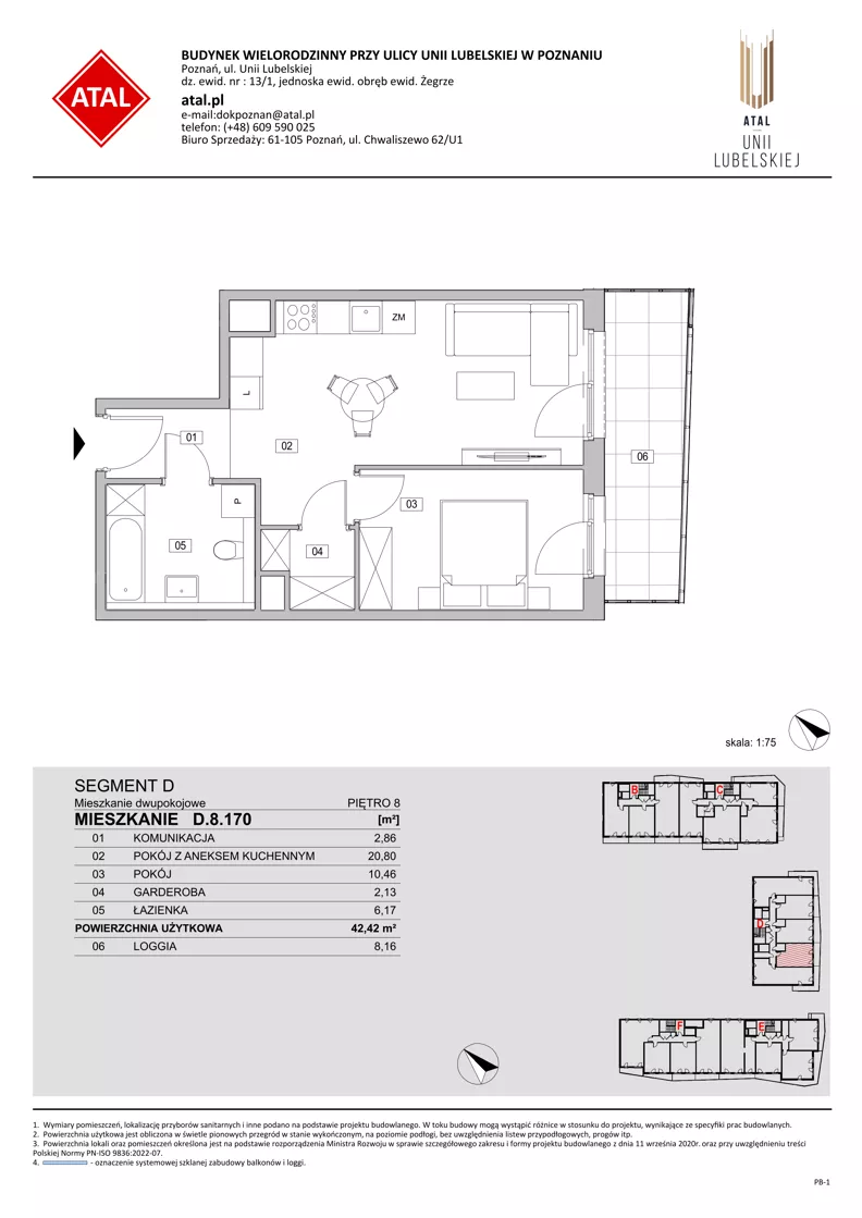 2 pokoje, mieszkanie 42,42 m², piętro 8, oferta nr D.8.170, ATAL Unii Lubelskiej, Poznań, Rataje, Starołęka, ul. Heleny Tadeuszak