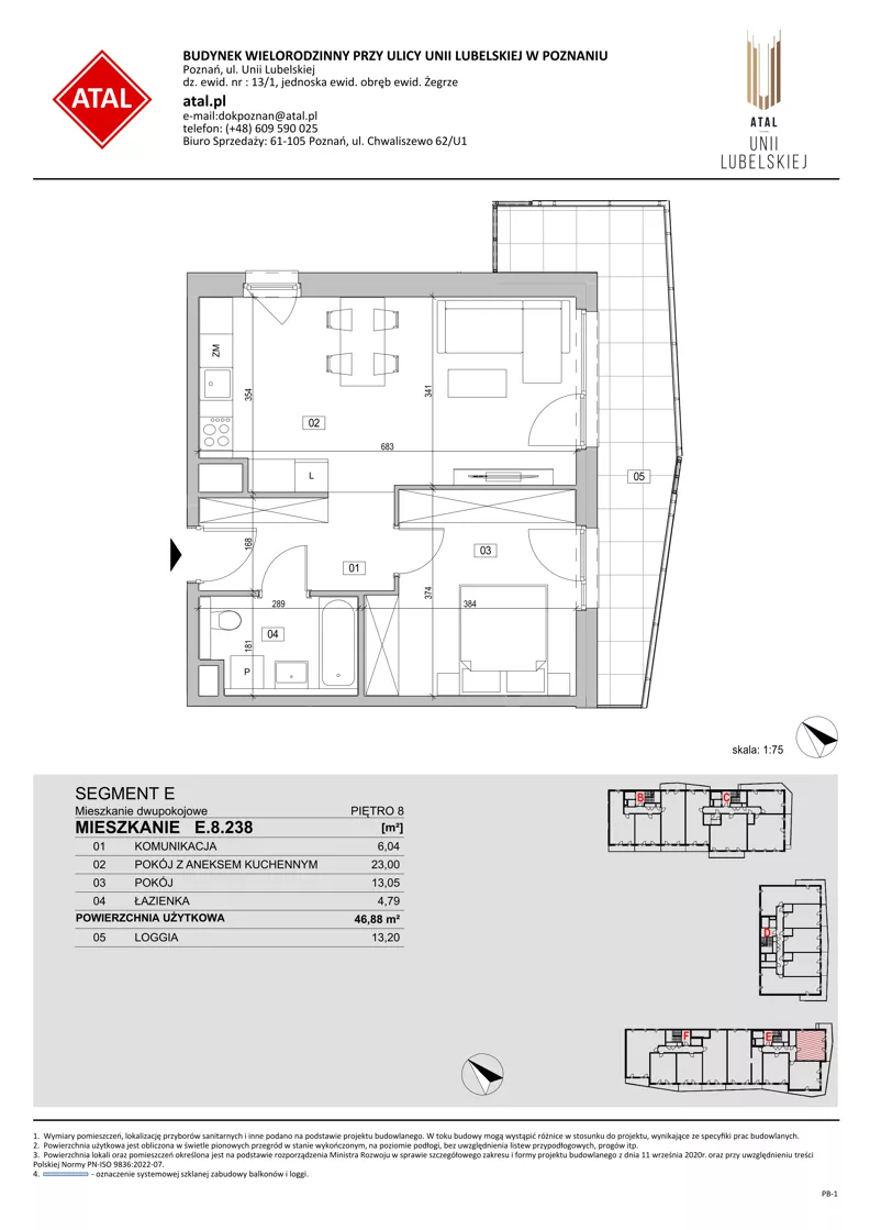 2 pokoje, mieszkanie 46,88 m², piętro 8, oferta nr E.8.238, ATAL Unii Lubelskiej, Poznań, Rataje, Starołęka, ul. Heleny Tadeuszak