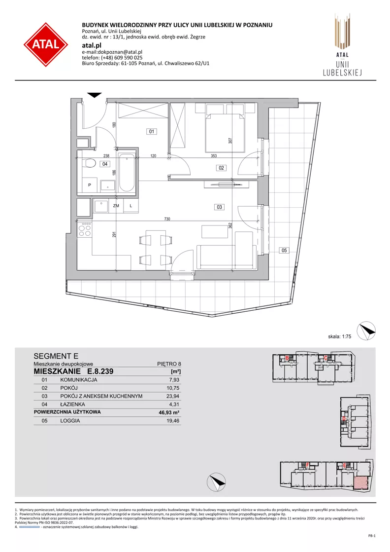 2 pokoje, mieszkanie 46,93 m², piętro 8, oferta nr E.8.239, ATAL Unii Lubelskiej, Poznań, Rataje, Starołęka, ul. Heleny Tadeuszak