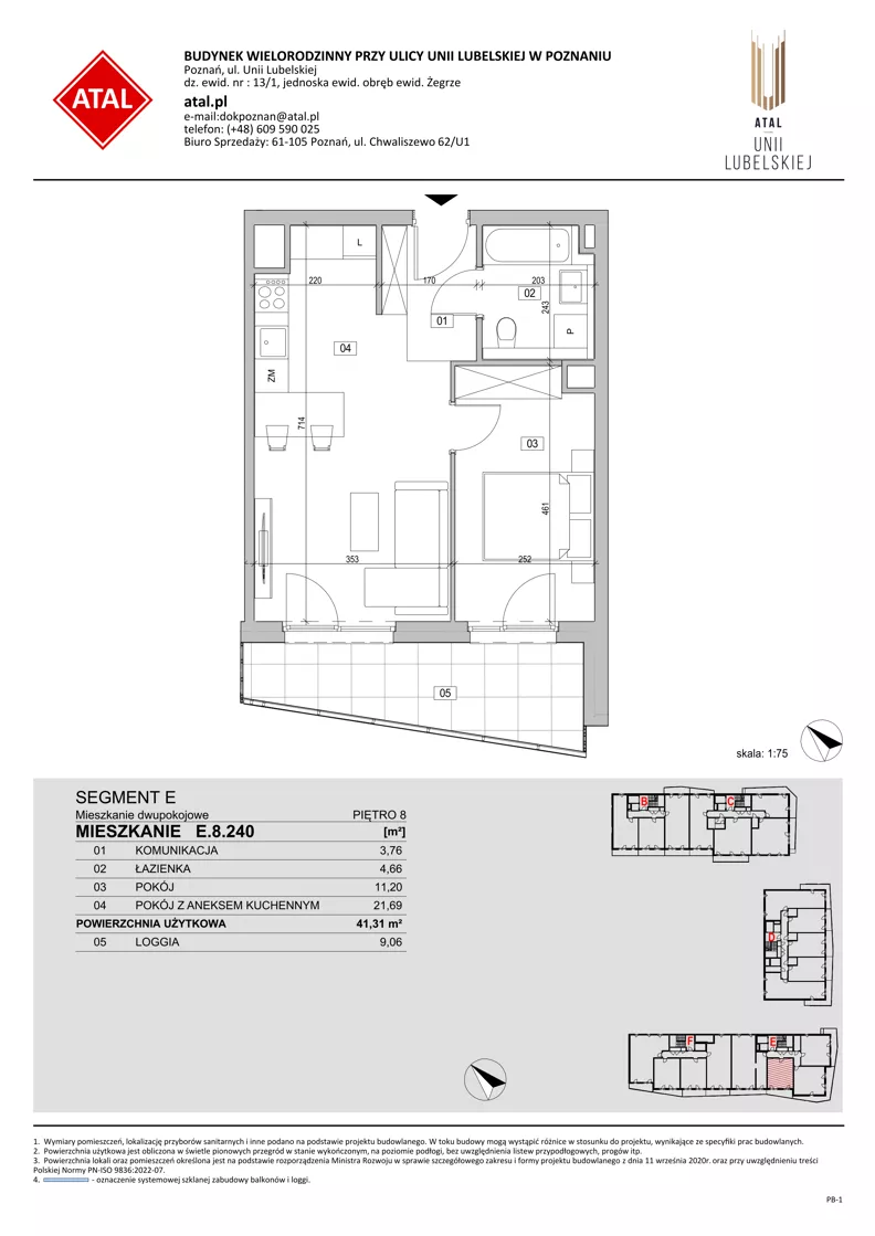 2 pokoje, mieszkanie 41,31 m², piętro 8, oferta nr E.8.240, ATAL Unii Lubelskiej, Poznań, Rataje, Starołęka, ul. Heleny Tadeuszak