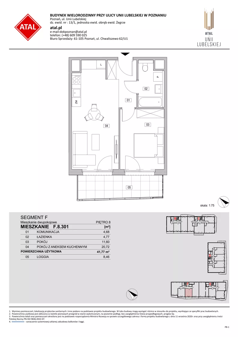 2 pokoje, mieszkanie 41,77 m², piętro 8, oferta nr F.8.301, ATAL Unii Lubelskiej, Poznań, Rataje, Starołęka, ul. Heleny Tadeuszak
