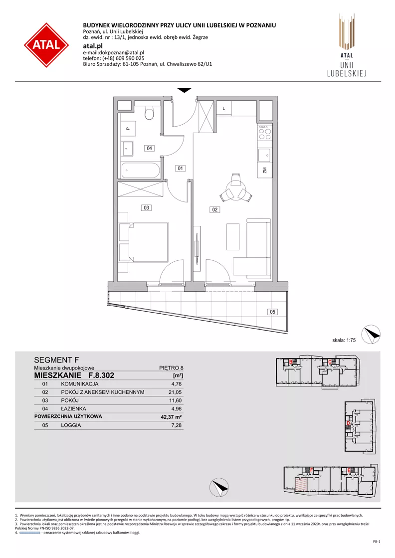 2 pokoje, mieszkanie 42,37 m², piętro 8, oferta nr F.8.302, ATAL Unii Lubelskiej, Poznań, Rataje, Starołęka, ul. Heleny Tadeuszak