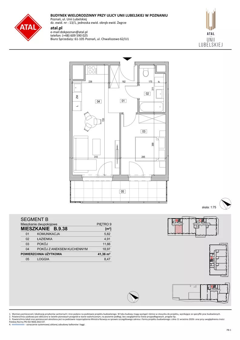2 pokoje, mieszkanie 41,38 m², piętro 9, oferta nr B.9.38, ATAL Unii Lubelskiej, Poznań, Rataje, Starołęka, ul. Heleny Tadeuszak